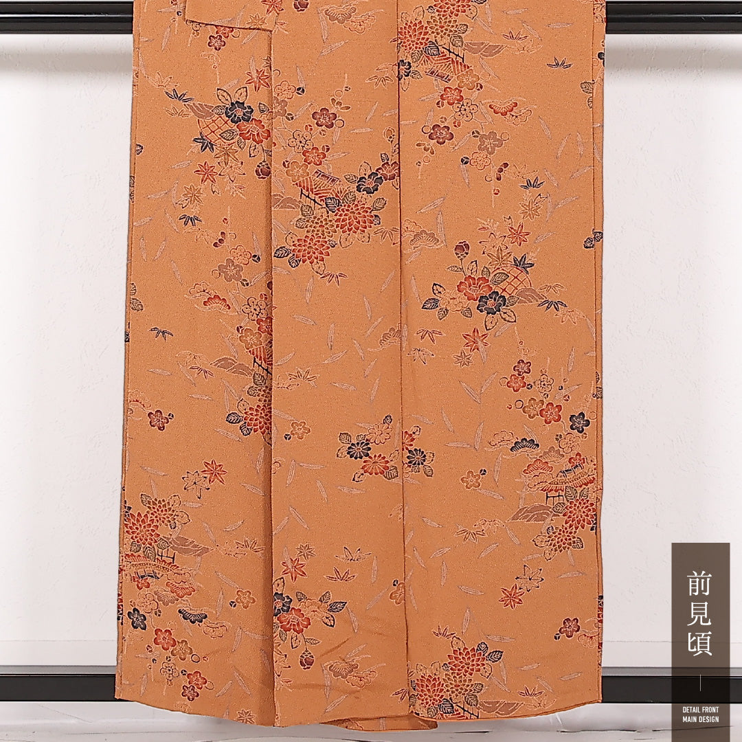 小紋 (ちりめん) 袷 身丈155cm 裄丈62cm 正絹 Sランク インフォーマル 広衿 Mサイズ 茶屋辻 ちりめん 朱系 RP 1221-17498