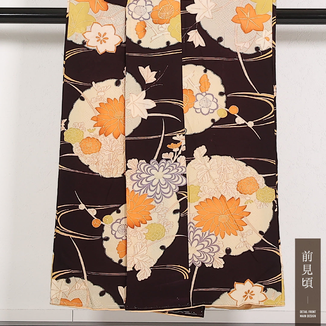 アンティーク 小振袖 袷 身丈148cm 裄丈62cm 正絹 Cランク 紋意匠 (菊) バチ衿 XSサイズ 雪輪 菊 黒系 M4 1216-17556