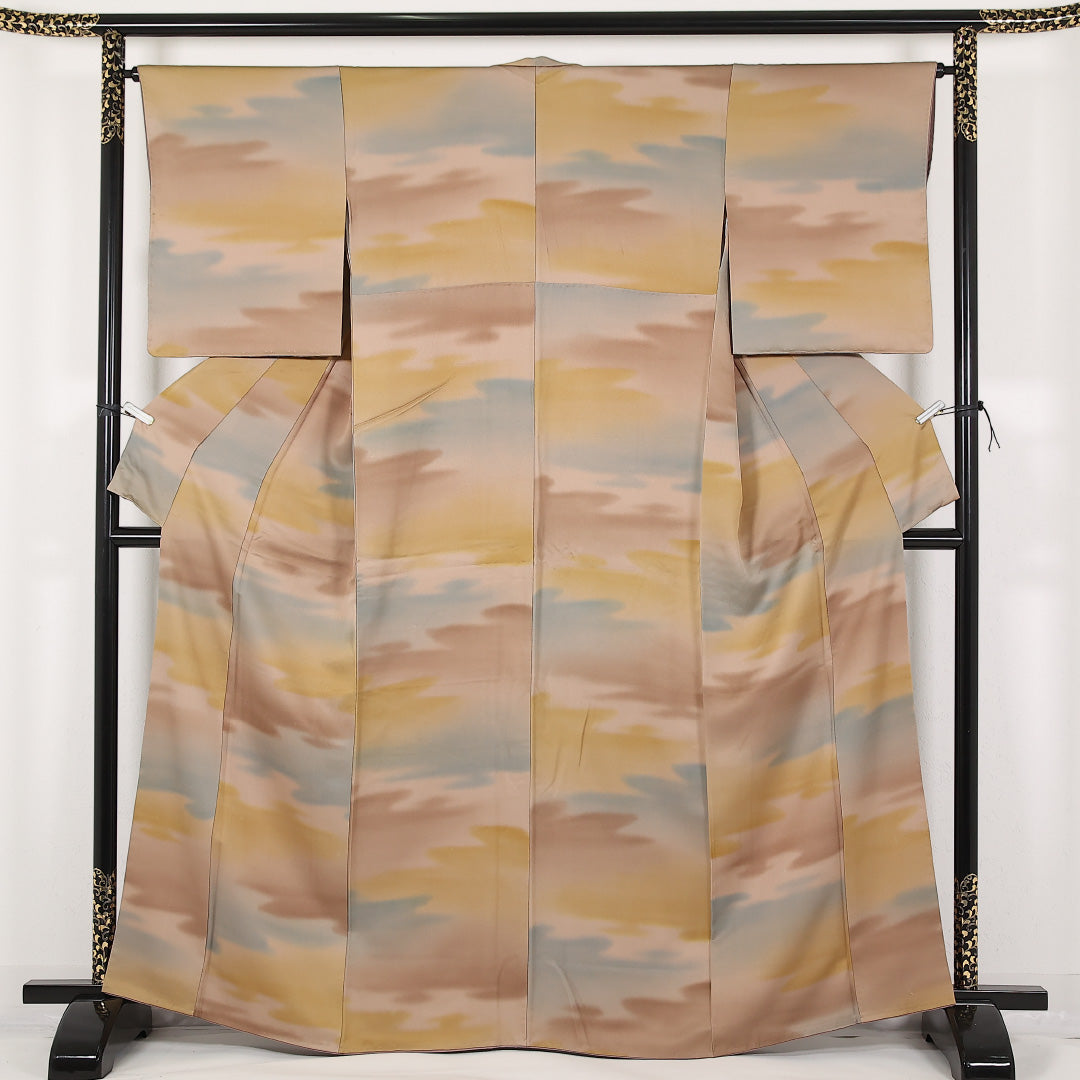 小紋 袷 身丈164cm 裄丈64cm 正絹 Sランク インフォーマル 広衿 Lサイズ 霞 多色系 M4 1221-17474