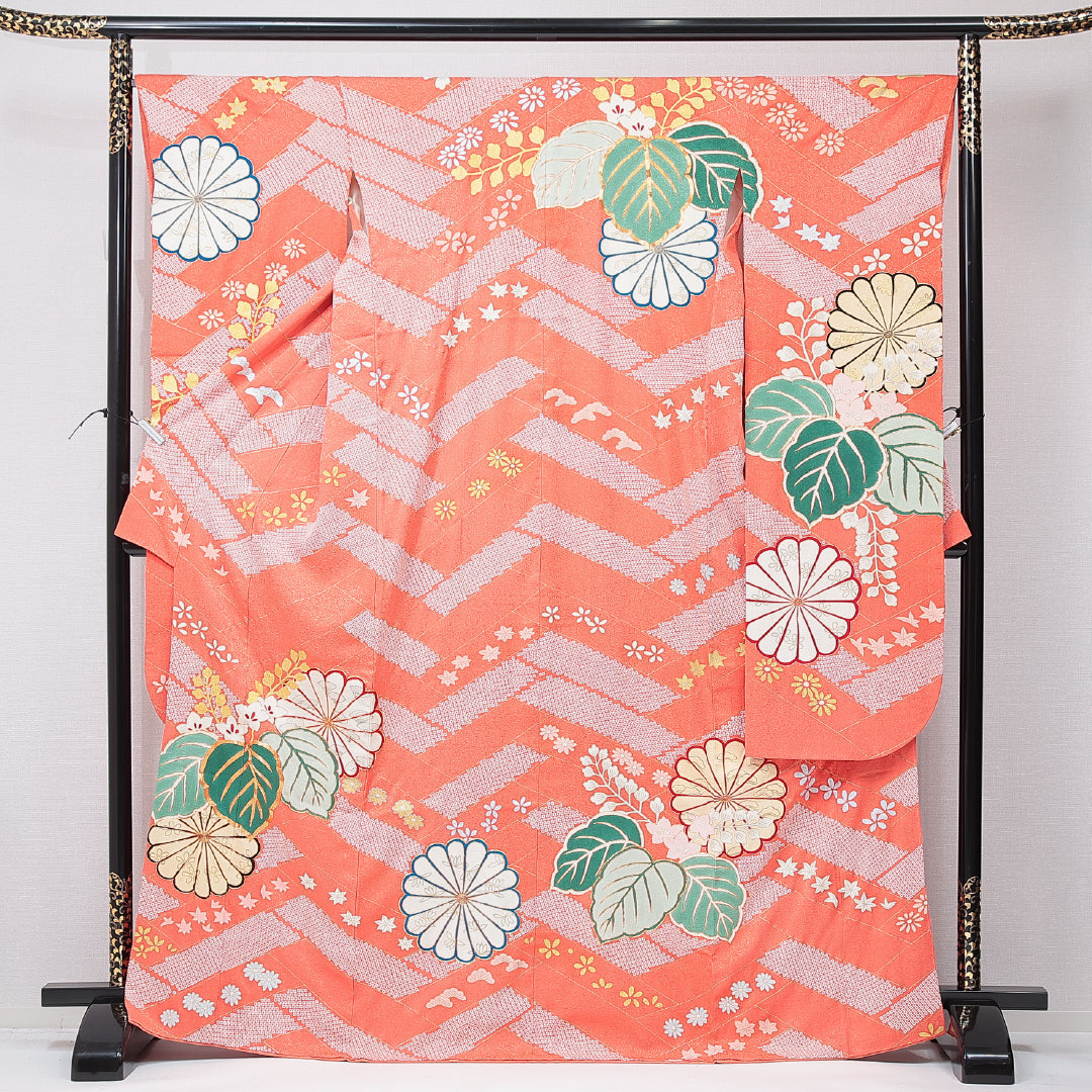 振袖 袷 身丈167cm 裄丈65cm 正絹 Cランク フォーマル 広衿 XLサイズ 金駒刺繍 菊 桐 朱系 HP 1215-06930
