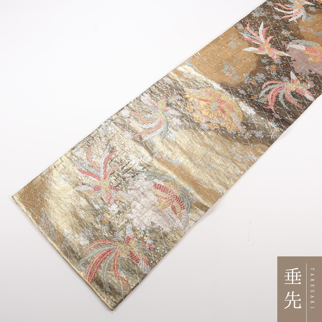 袋帯 帯丈436cm 正絹 六通 フォーマル 佐賀錦 花喰鳥 金系 1243-02536