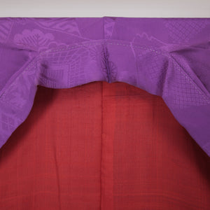 アンティーク 色留袖 袷 身丈152cm 裄62.5cm 正絹 扇子 牡丹や桔梗 紫系 Bランク 1211-00120