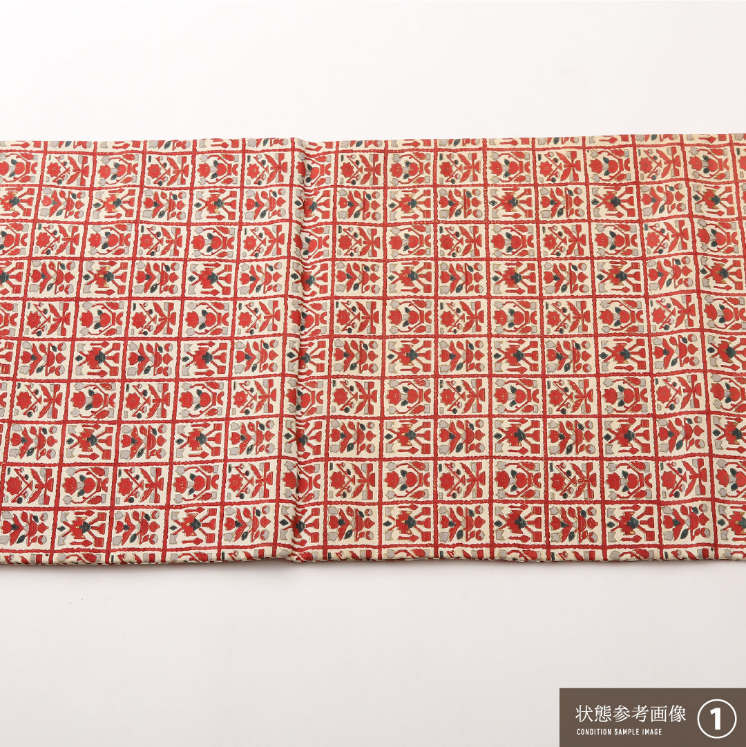 九寸名古屋帯 Bランク 帯丈350cm 正絹 全通 名古屋仕立て 染め カジュアル ペルシャ文様 赤系・クリーム系 RP 1245-02452