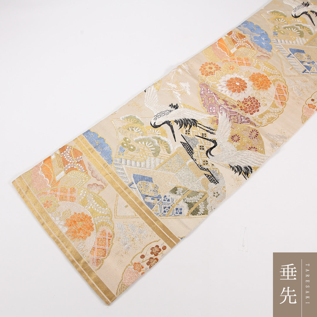 アンティーク 丸帯 帯丈394cm 正絹 全通 鶴 菊 松 クリーム系 1242-02568