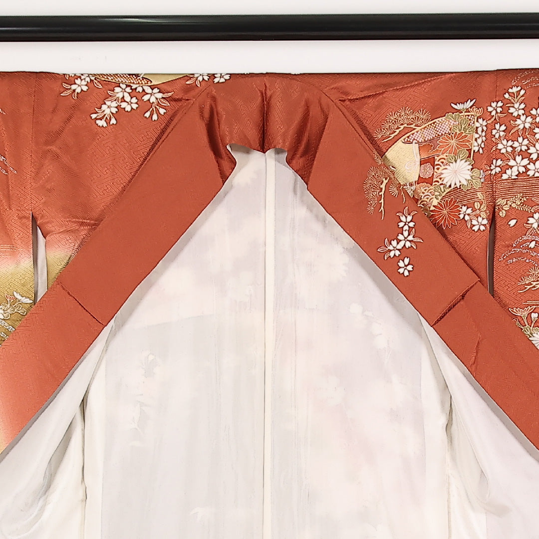 振袖 袷 身丈168cm 裄丈66cm 正絹 Sランク フォーマル 広衿 Lサイズ 金彩 金駒刺繍 御所車 赤系 RP 1215-17394