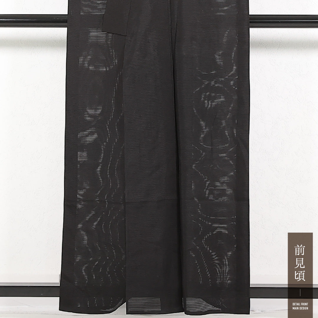 夏物 黒紋付 絽 身丈158cm 裄丈62cm 正絹 Aランク 五つ紋 (五三桐) フォーマル バチ衿 XLサイズ 居敷当て 黒系 RP 1230-17393