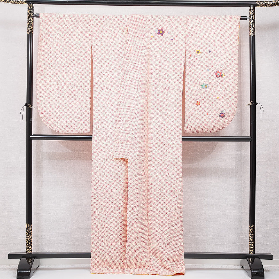 洗える着物 小振袖 袷 身丈164cm 裄丈66cm ポリエステル Cランク セミフォーマル 広衿 Lサイズ 刺繍 桜 鹿の子柄 朱系 HP 1216-07062