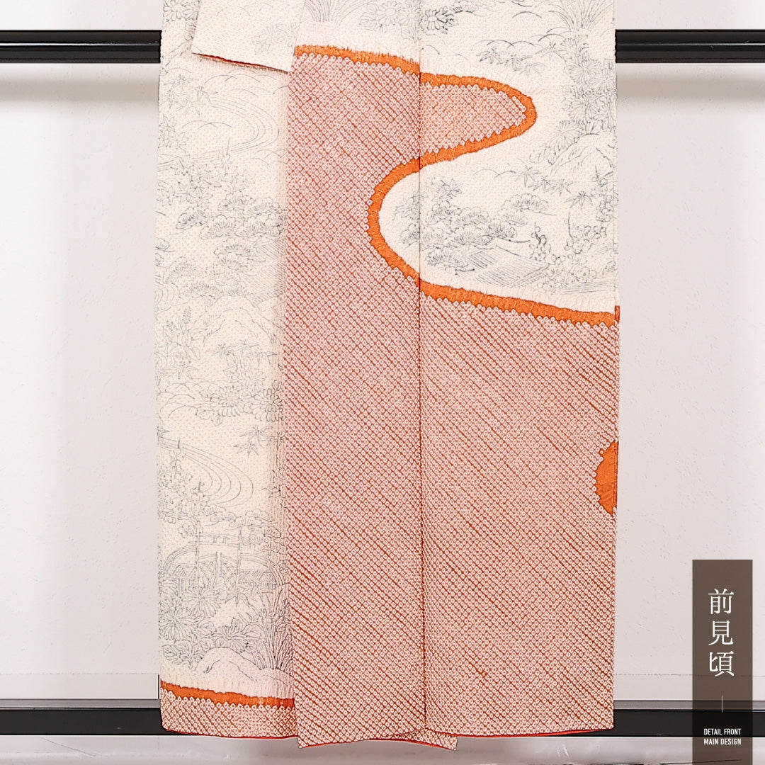 洗える着物 訪問着 (総絞り) 袷 身丈153cm 裄丈60cm ポリエステル Sランク インフォーマル 広衿 Lサイズ 御所解 クリーム系 RP 1217-17525