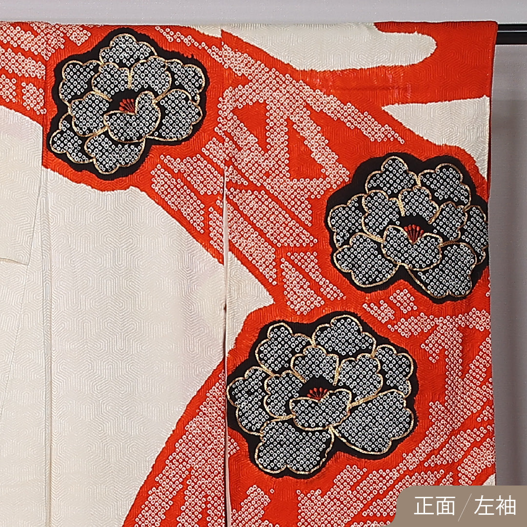 振袖 袷 身丈163cm 裄丈64cm 正絹 Bランク フォーマル 広衿 Lサイズ 絞り 橋 牡丹 朱系 M4 1215-06769