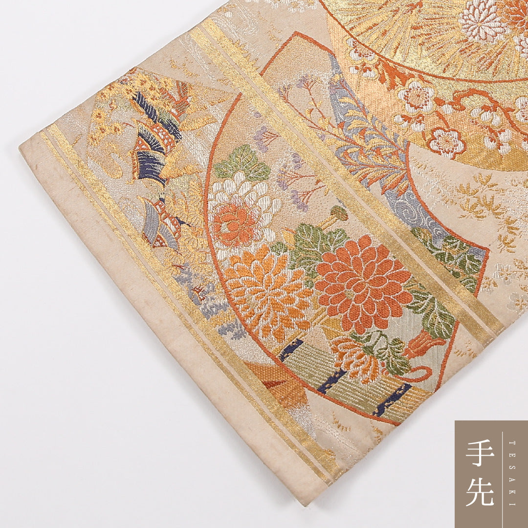 扇面文 アンティーク 丸帯 帯丈412cm 正絹 全通 クリーム系 茶系 1243-02601