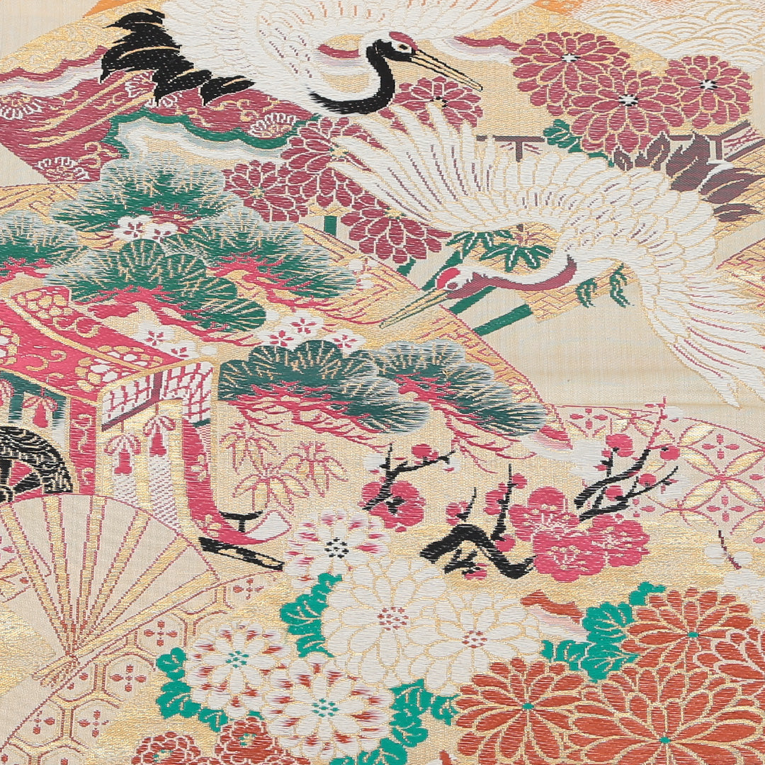 アンティーク 丸帯 帯丈362cm 正絹 全通 鶴 御所解 クリーム系 1242-00439