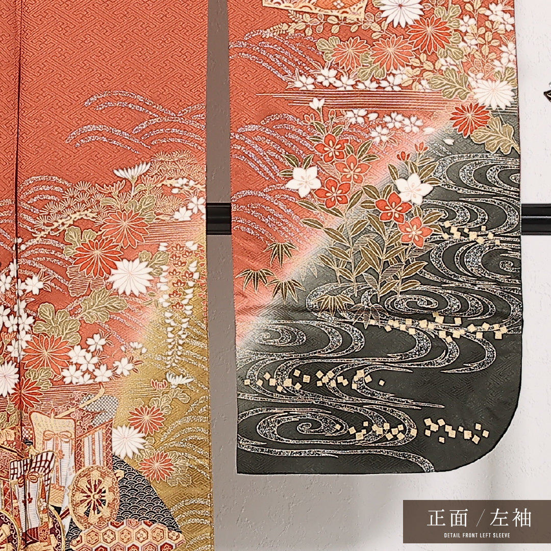 振袖 袷 身丈168cm 裄丈66cm 正絹 Sランク フォーマル 広衿 Lサイズ 金彩 金駒刺繍 御所車 赤系 RP 1215-17394