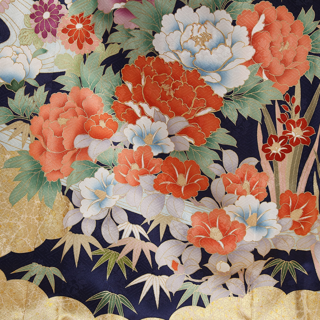 振袖 袷 身丈173cm 裄丈69cm 正絹 Sランク フォーマル 広衿 2XLサイズ 金彩 刺繍 エ霞 花柄 流水 紺系 RP 1215-06780