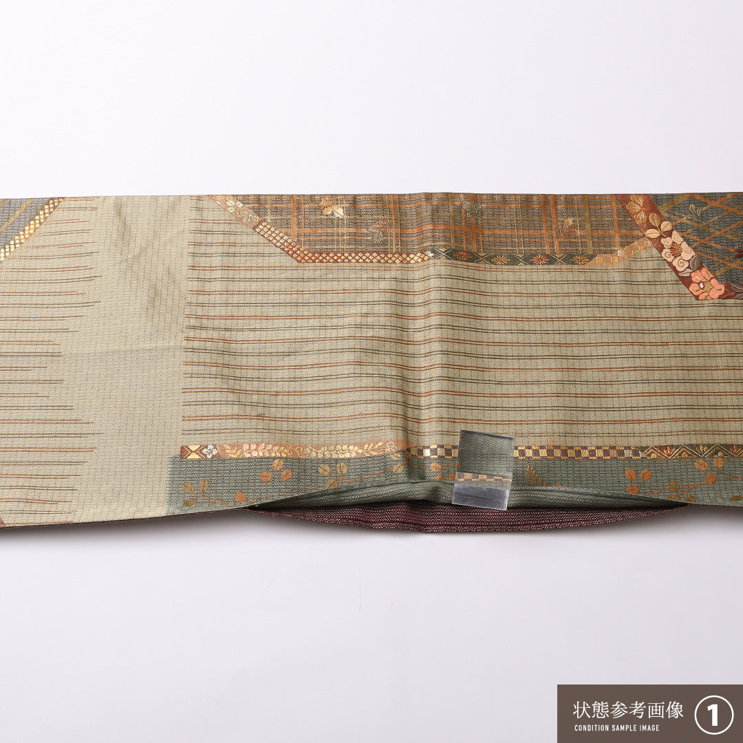 袋帯 帯丈424cm ポリエステル 六通 セミフォーマル 吉祥文様 緑系 1243-01500