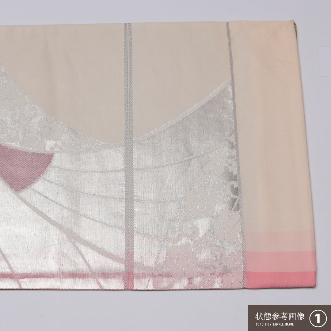 振袖用 袋帯 帯丈456cm 正絹 全通 扇 唐華 銀系 ピンク系 1243-01290