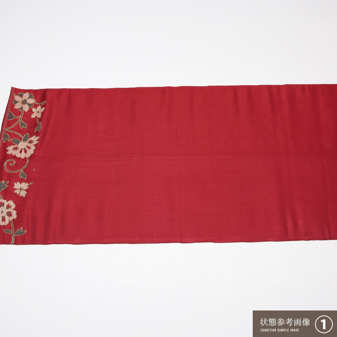 袋帯 帯丈416cm 正絹 全通 セミフォーマル 唐草華文 赤系 1243-01248