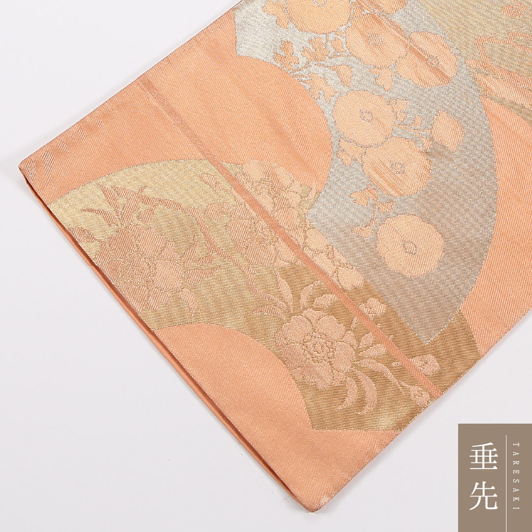 扇面文 袋帯 帯丈424cm 正絹 六通 フォーマル 朱系 金系 1243-02638