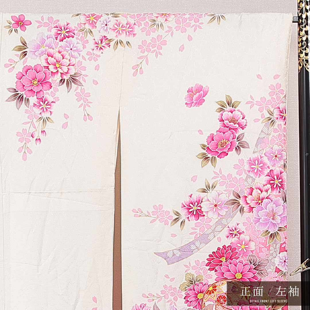 振袖 袷 身丈174cm 裄丈69cm 正絹 Sランク フォーマル 広衿 2XLサイズ ガード加工 毬 牡丹 白系 RP 1215-06986