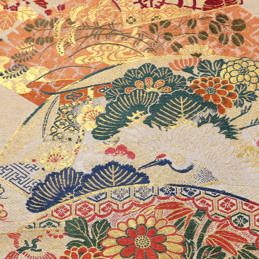 アンティーク 丸帯 帯丈388cm 正絹 全通 扇面文 菊 松 ベージュ系 1242-02566