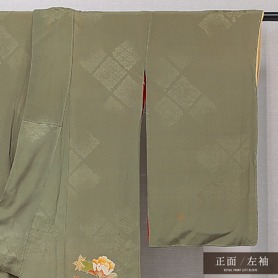 アンティーク 色留袖 (錦紗) 袷 身丈145cm 裄丈60cm 正絹 Bランク 一つ紋 広衿 XSサイズ 花鼓 緑系 RP 1214-07102
