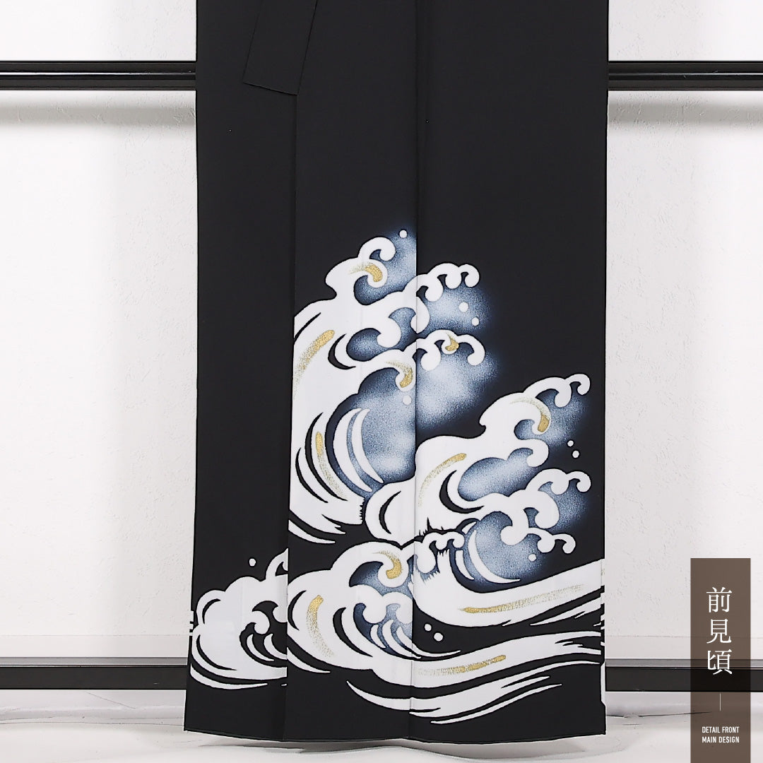 洗える着物 訪問着 袷 身丈158cm 裄丈66cm ポリエステル Sランク 踊り用 バチ衿 Lサイズ 波頭 黒系 LP 1217-17507