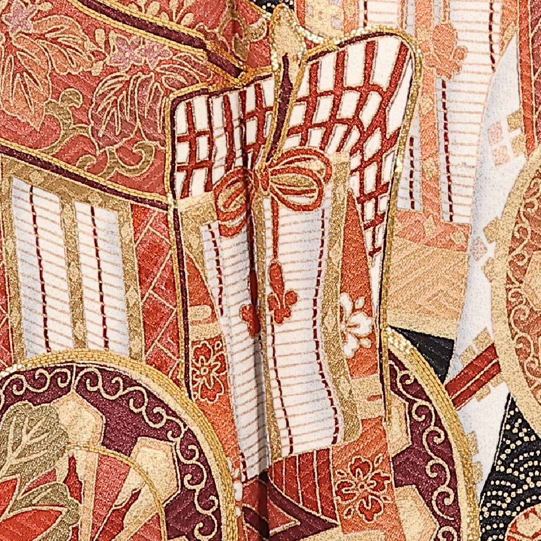 振袖 袷 身丈168cm 裄丈66cm 正絹 Sランク フォーマル 広衿 Lサイズ 金彩 金駒刺繍 御所車 赤系 RP 1215-17394