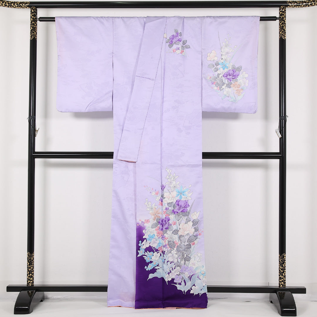 洗える着物 訪問着 袷 身丈162cm 裄丈64cm ポリエステル Aランク セミフォーマル 広衿 Lサイズ 花柄 紫系 RP 1217-17439
