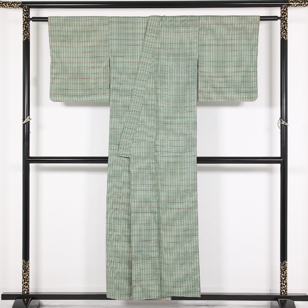 真綿紬 袷 身丈152cm 裄丈62cm 正絹 Cランク カジュアル バチ衿 XSサイズ 格子 緑系 RP 1223-17491