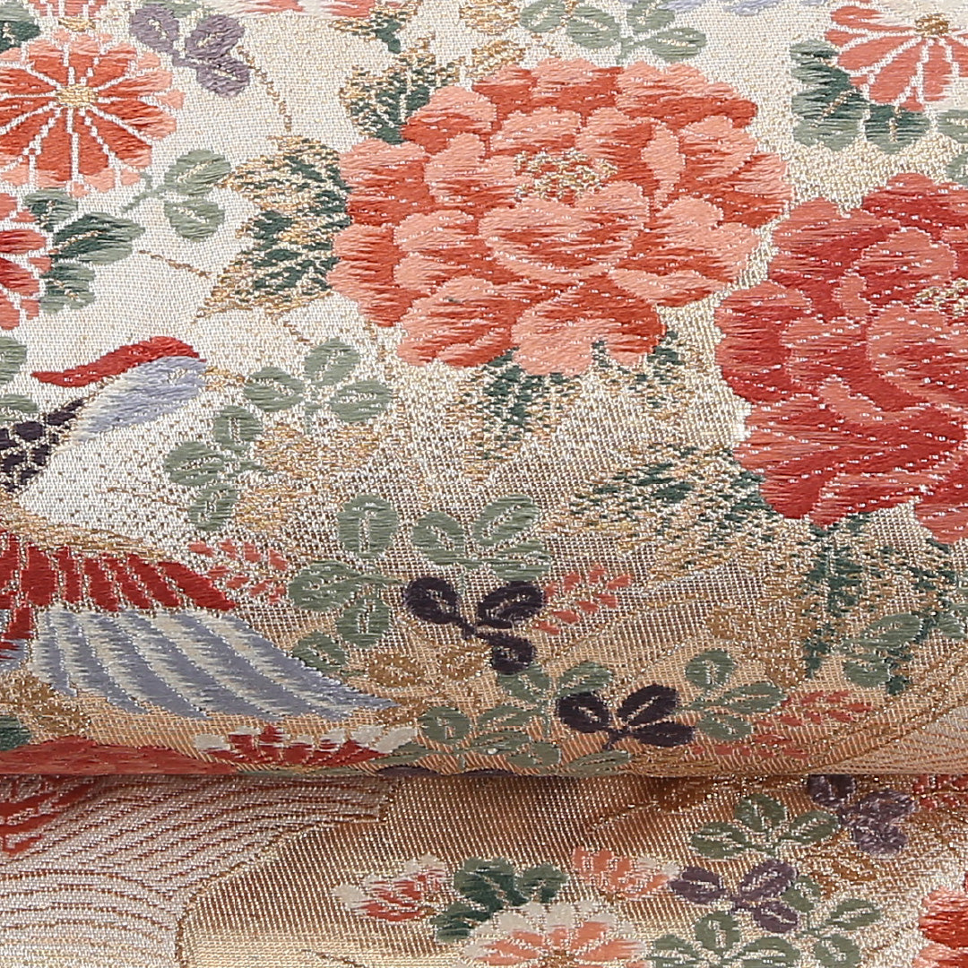 尾長鳥 袋帯 帯丈428cm 正絹 六通 フォーマル クリーム系 白系 1243-02582