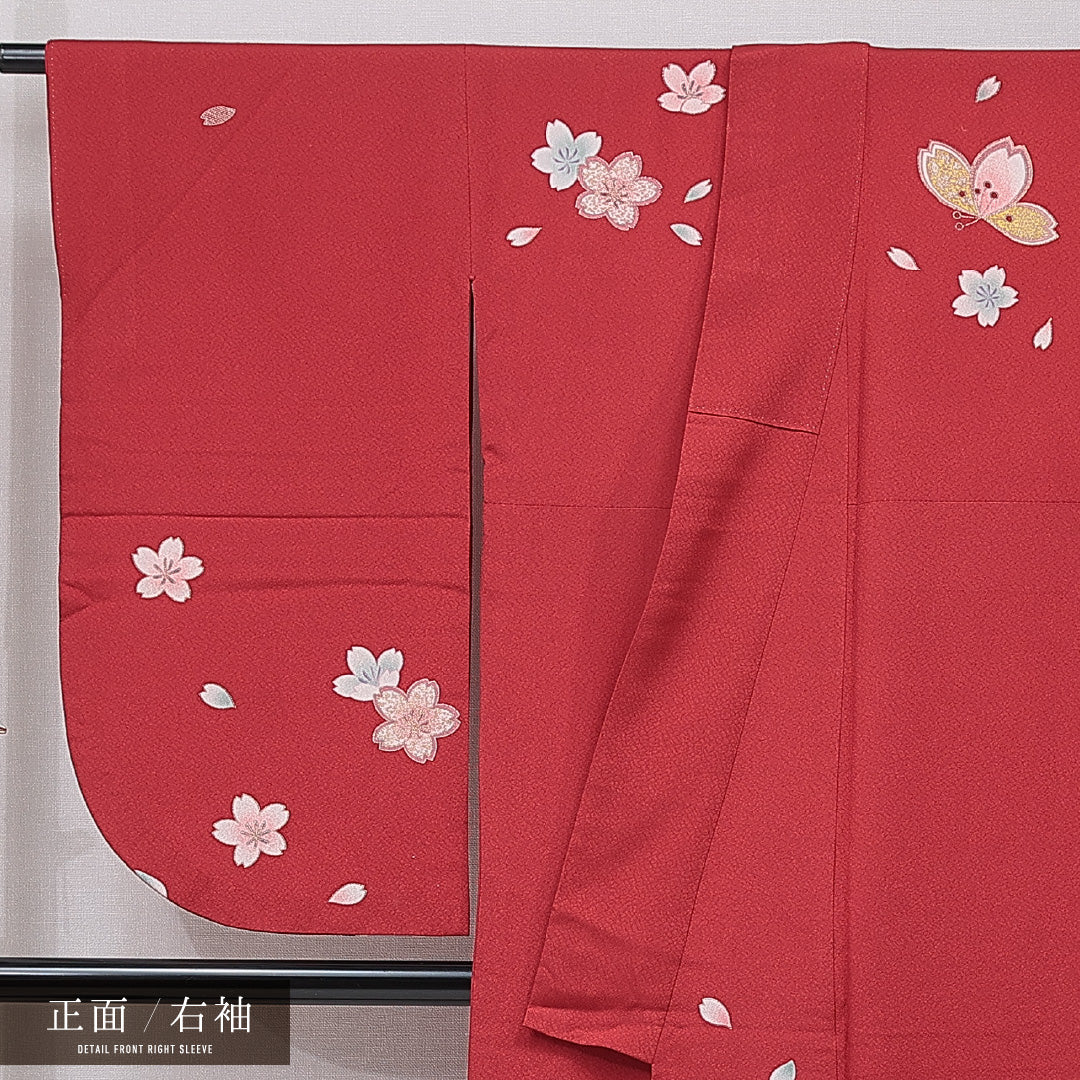 洗える着物 小振袖 袷 身丈165cm 裄丈66cm ポリエステル Sランク セミフォーマル 広衿 XLサイズ 桜 赤系 RP 1216-07069