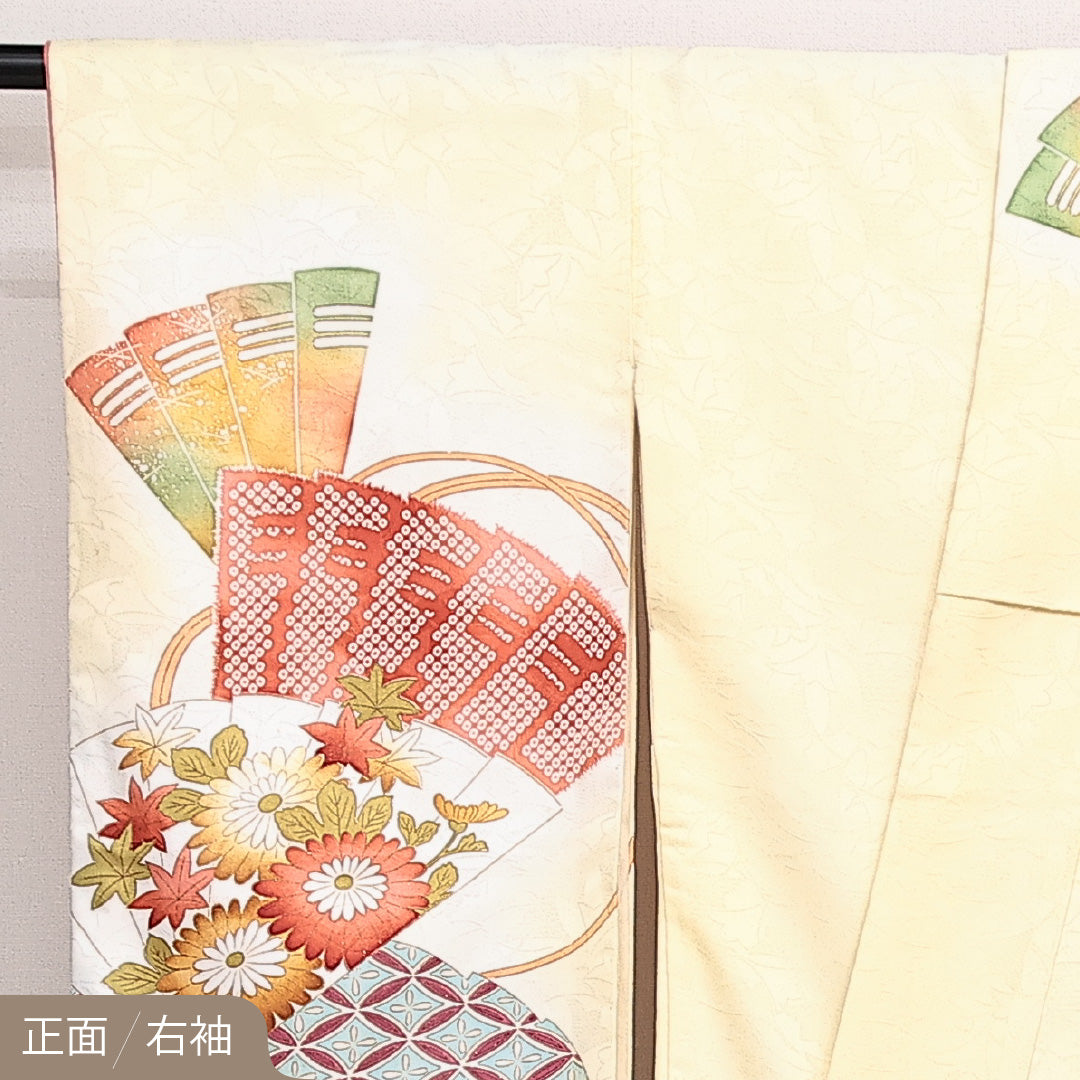 洗える着物 振袖 袷 身丈164cm 裄丈65cm ポリエステル Cランク フォーマル 広衿 Lサイズ 刺繍 扇面文 牡丹 吉祥文様 クリーム系 LP 1215-06864