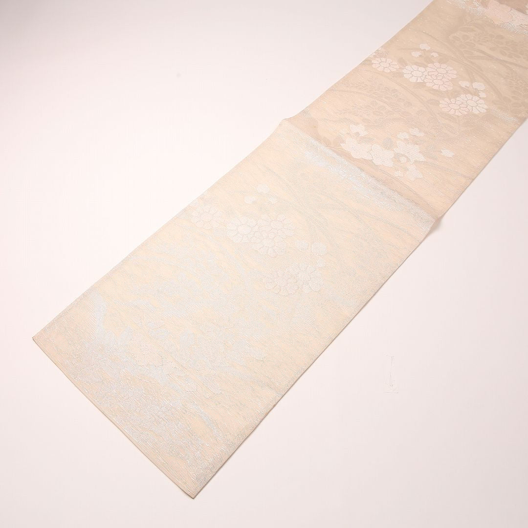 夏物 袋帯 帯丈424cm 正絹 六通 セミフォーマル 桔梗 萩 クリーム系 1243-02462