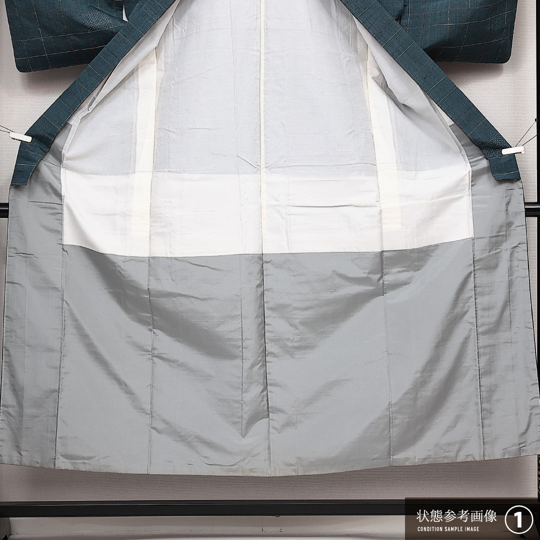 紬 袷 身丈151cm 裄丈67cm 正絹 Aランク カジュアル バチ衿 Sサイズ 格子 緑系 RP 1223-14099
