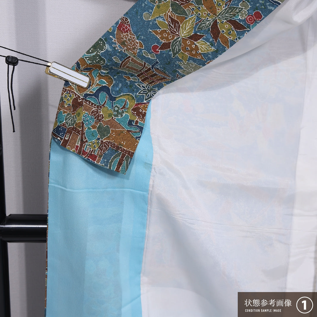 小紋 袷 身丈153cm 裄丈64cm 正絹 Aランク インフォーマル 広衿 Sサイズ たたき染め 茶屋辻 青系 HP 1221-11868