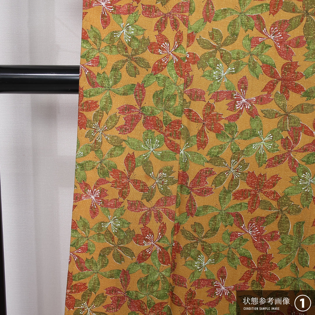 紬 単衣 身丈155cm 裄丈62cm 正絹 Bランク カジュアル バチ衿 Mサイズ 染め紬 肩当て 花柄 黄系 RP 1223-12031