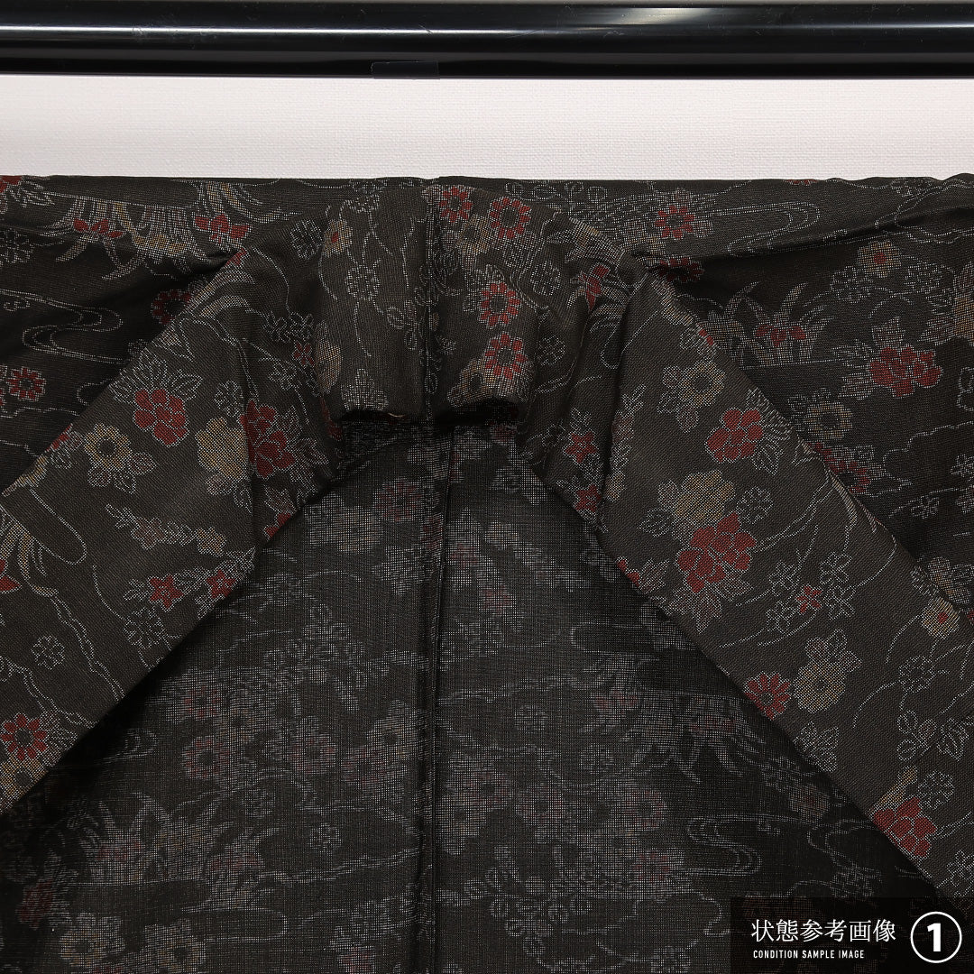 洗える着物 ウールの紬 単衣 身丈141cm 裄丈63cm ウール Aランク カジュアル 広衿 XSサイズ 居敷当て 菊 牡丹 茶系 HP 1223-13296