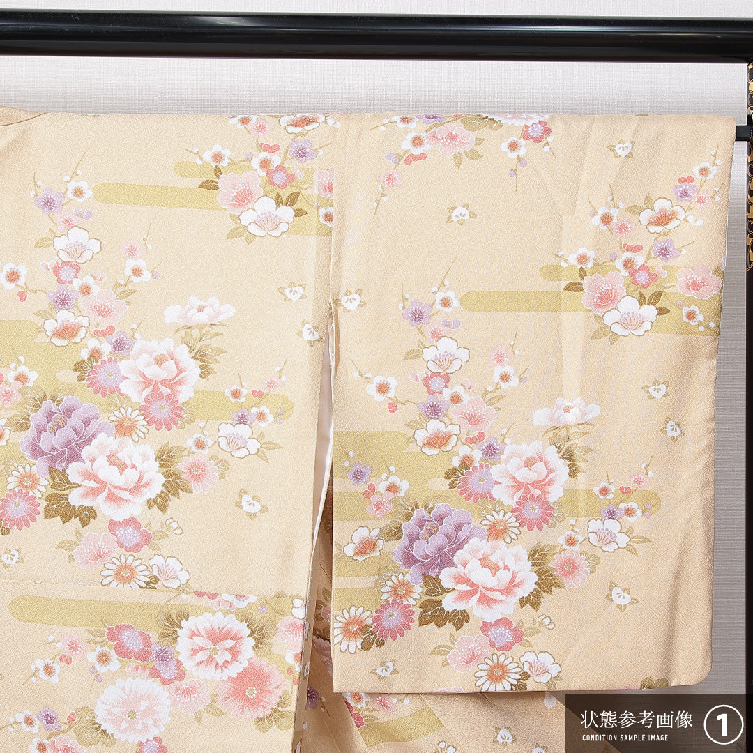 小紋 洗える着物 袷 身丈165cm 裄丈66cm ポリエステル Dランク XLサイズ 広衿 インフォーマル エ霞 牡丹 ベージュ系 1215-14920
