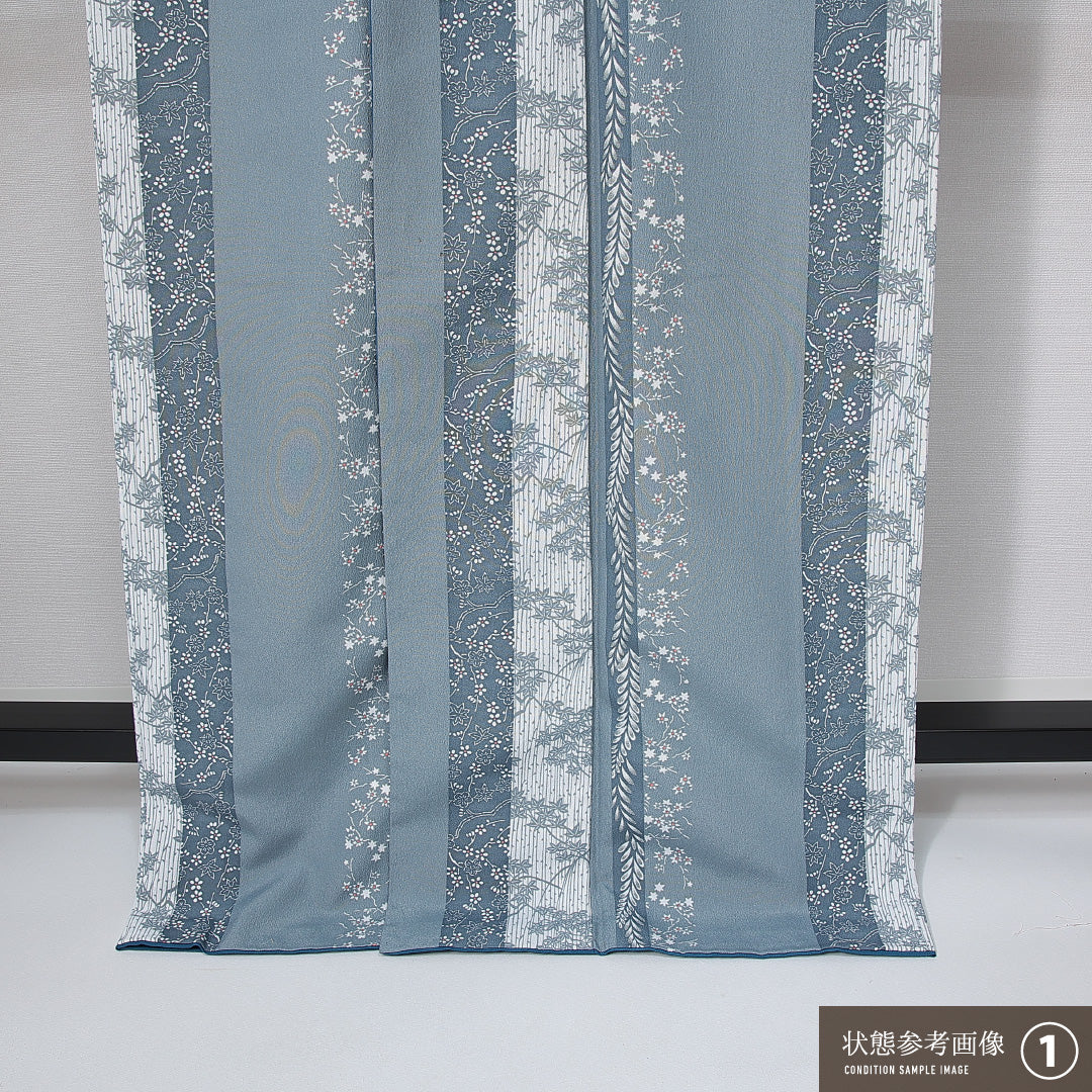 小紋 洗える着物 袷 身丈167cm 裄丈62cm ポリエステル Bランク XLサイズ 広衿 インフォーマル 梅 縞 グレー系 1215-15004