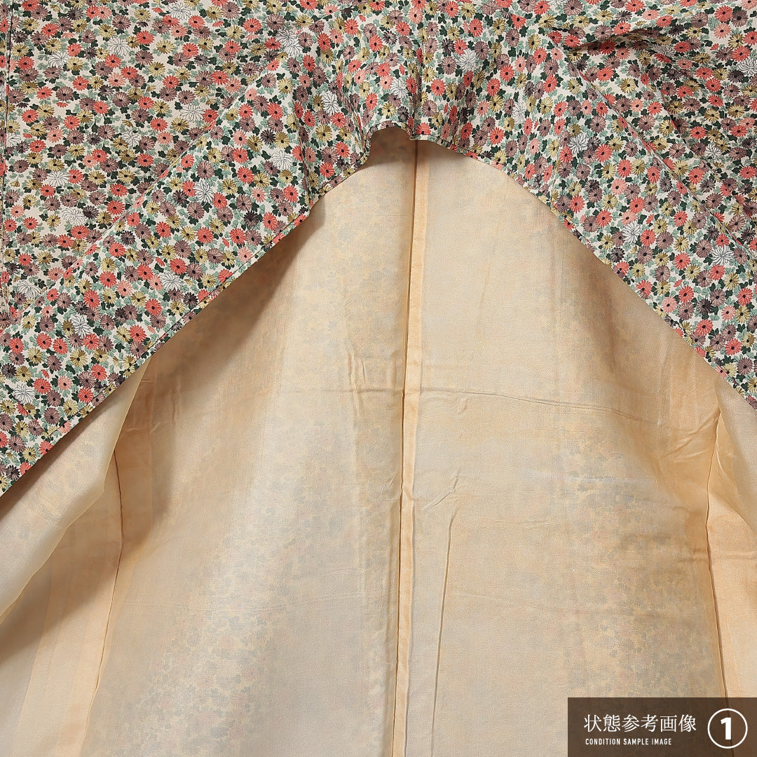 小紋 袷 身丈156cm 裄丈63cm 正絹 Aランク Mサイズ 広衿 インフォーマル 菊 クリーム系 1215-14997