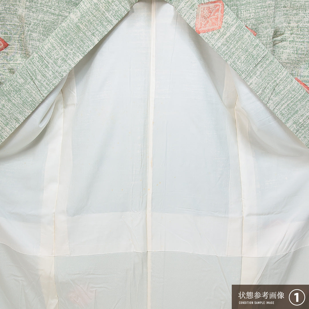 付下げ 袷 身丈155cm 裄丈63cm 正絹 Aランク Mサイズ 広衿 インフォーマル 絞り ちりめん 桐 緑系 1261-14864