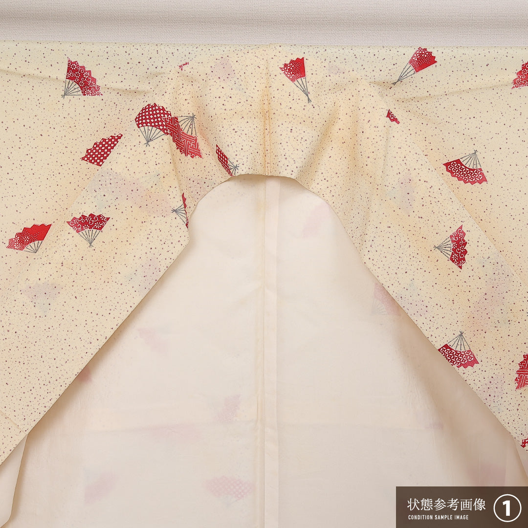 小紋 袷 身丈158cm 裄丈64cm 正絹 Aランク インフォーマル 広衿 Mサイズ 扇 ベージュ系 HP 1221-13675