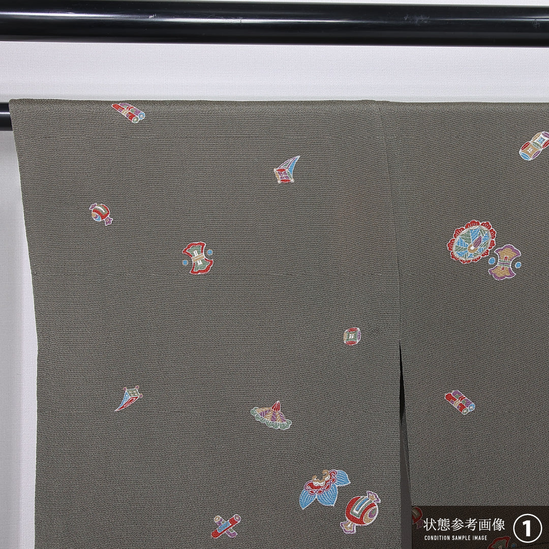 小紋 身丈150cm 裄丈63cm Aランク S 正絹 単衣 広衿 織り出し 金駒刺繍 宝尽くし カジュアル 緑系 1215-12307