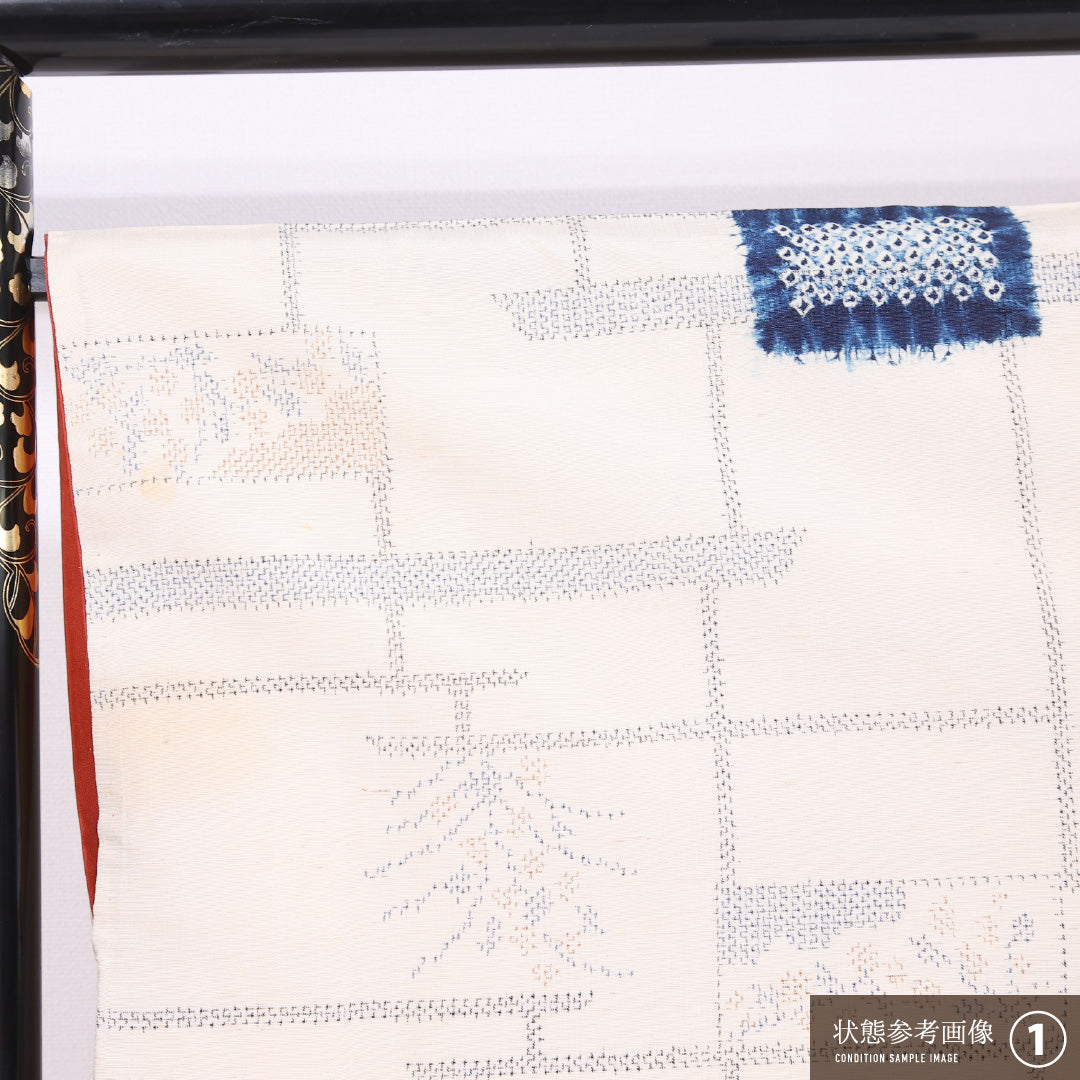 紬 袷 身丈160cm 裄丈67cm 正絹 Cランク カジュアル 広衿 Lサイズ 創作柄 クリーム系 LP 1223-11704