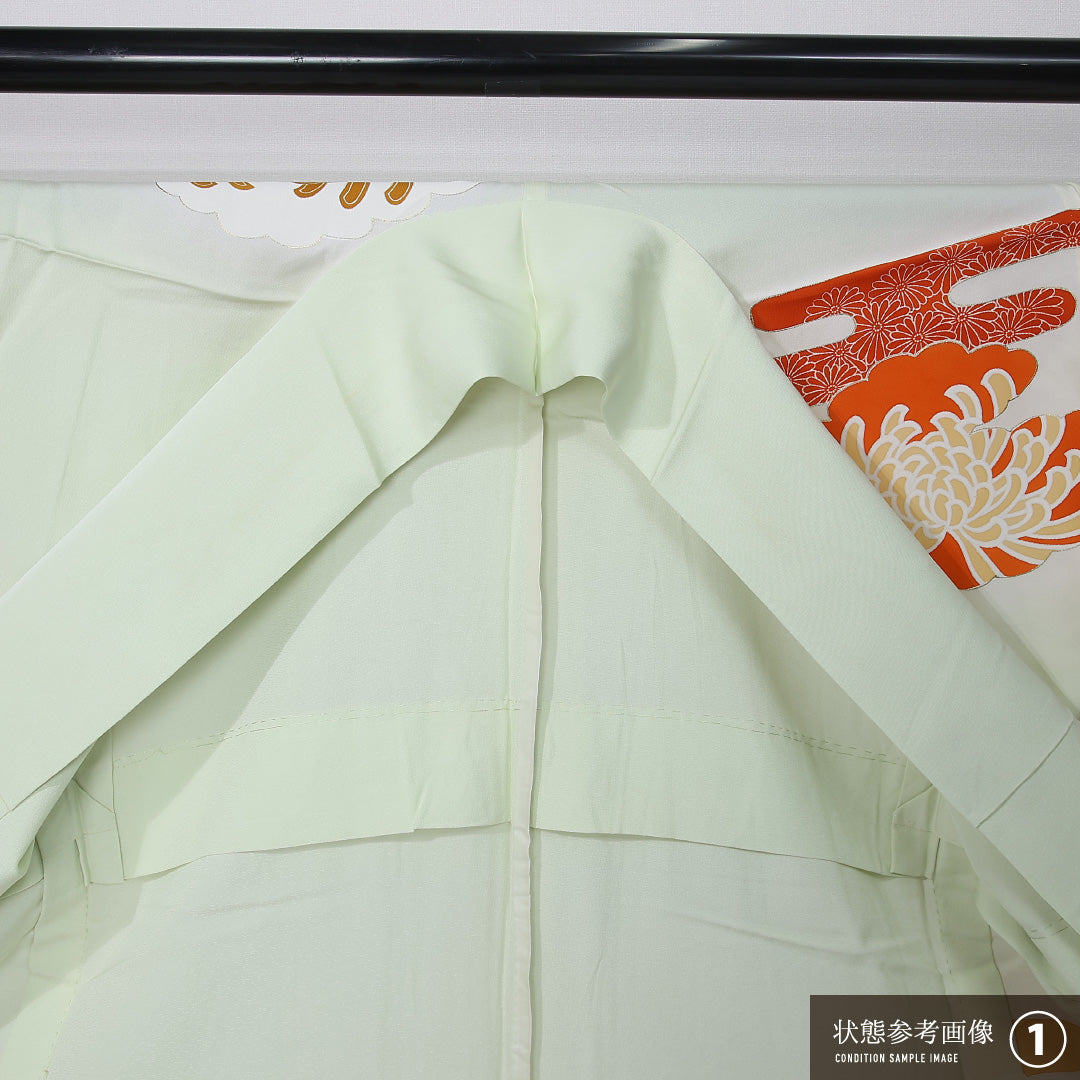 アンティーク 訪問着 身丈156cm 裄丈65cm Bランク M 正絹 単衣 広衿 金駒刺繍 エ霞 菊 緑系 1212-12323