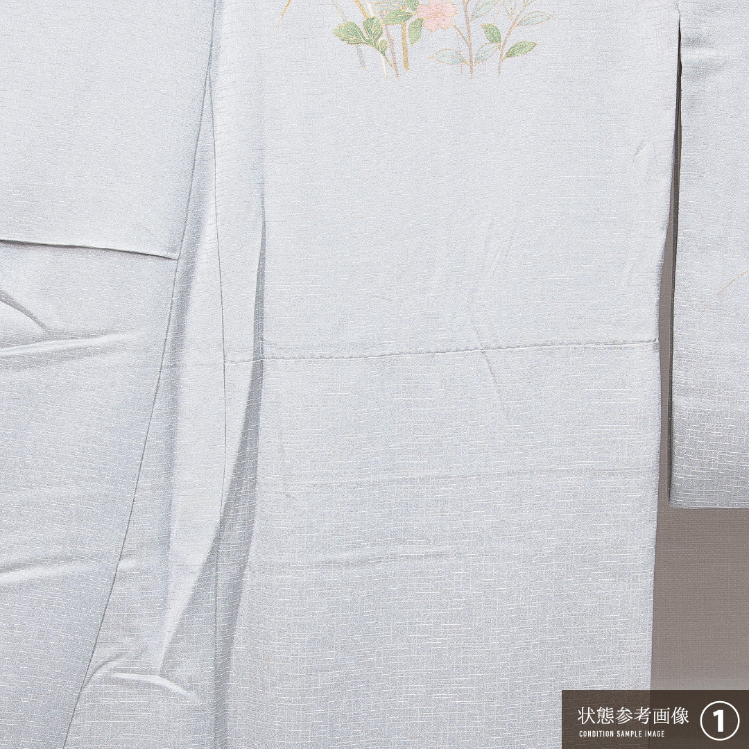 訪問着 袷 身丈160cm 裄丈65cm 正絹 Aランク Lサイズ 広衿 セミフォーマル 扇 グレー系 1212-14805