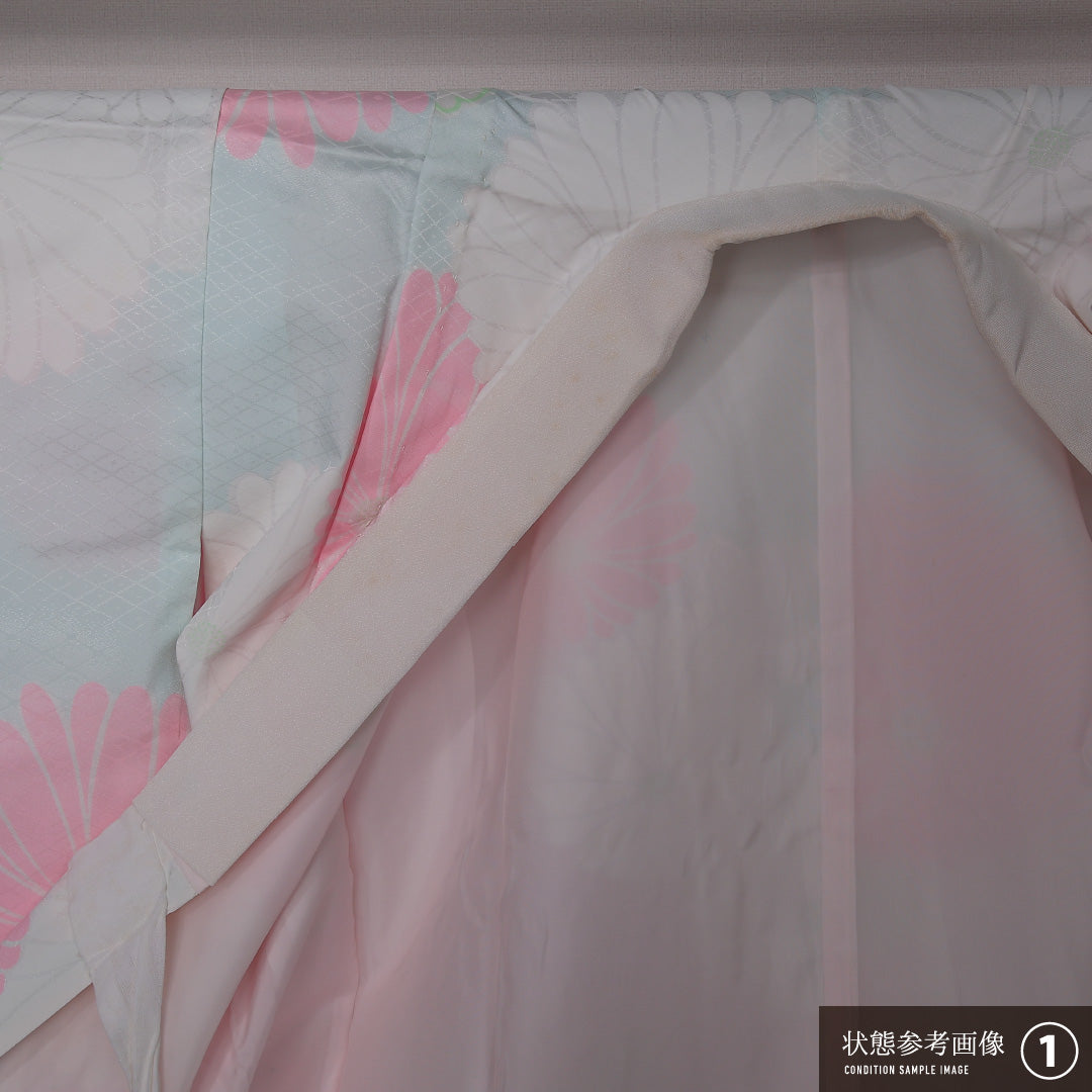 洗える着物 振袖用 長襦袢 無双袖 身丈130cm 裄丈58cm ポリエステル Aランク Lサイズ 菊 白系 RP 1240-12656