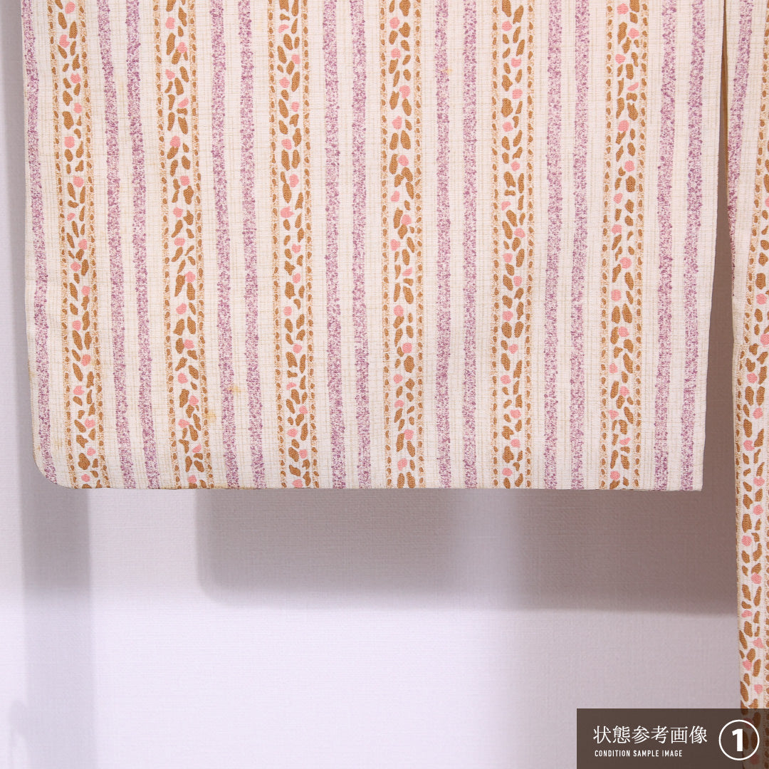 小紋 袷 身丈159cm 裄丈69cm 正絹 Bランク インフォーマル バチ衿 Mサイズ 縞 ベージュ系 RP 1221-11748
