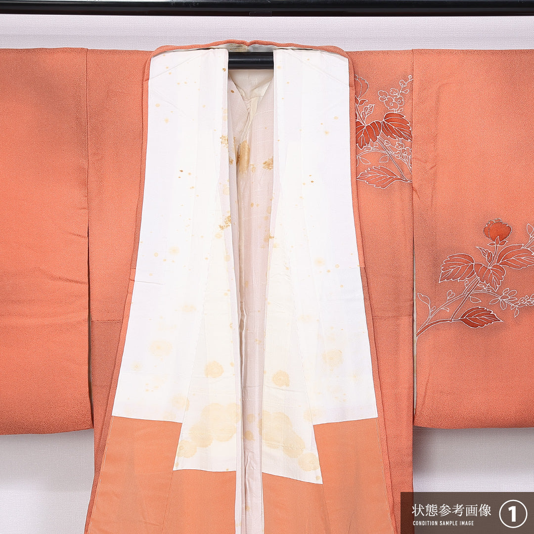 訪問着 袷 身丈148cm 裄丈60cm 正絹 Aランク セミフォーマル 広衿 XSサイズ ぼかし染 金駒刺繍 牡丹 朱系 RP 1217-11218