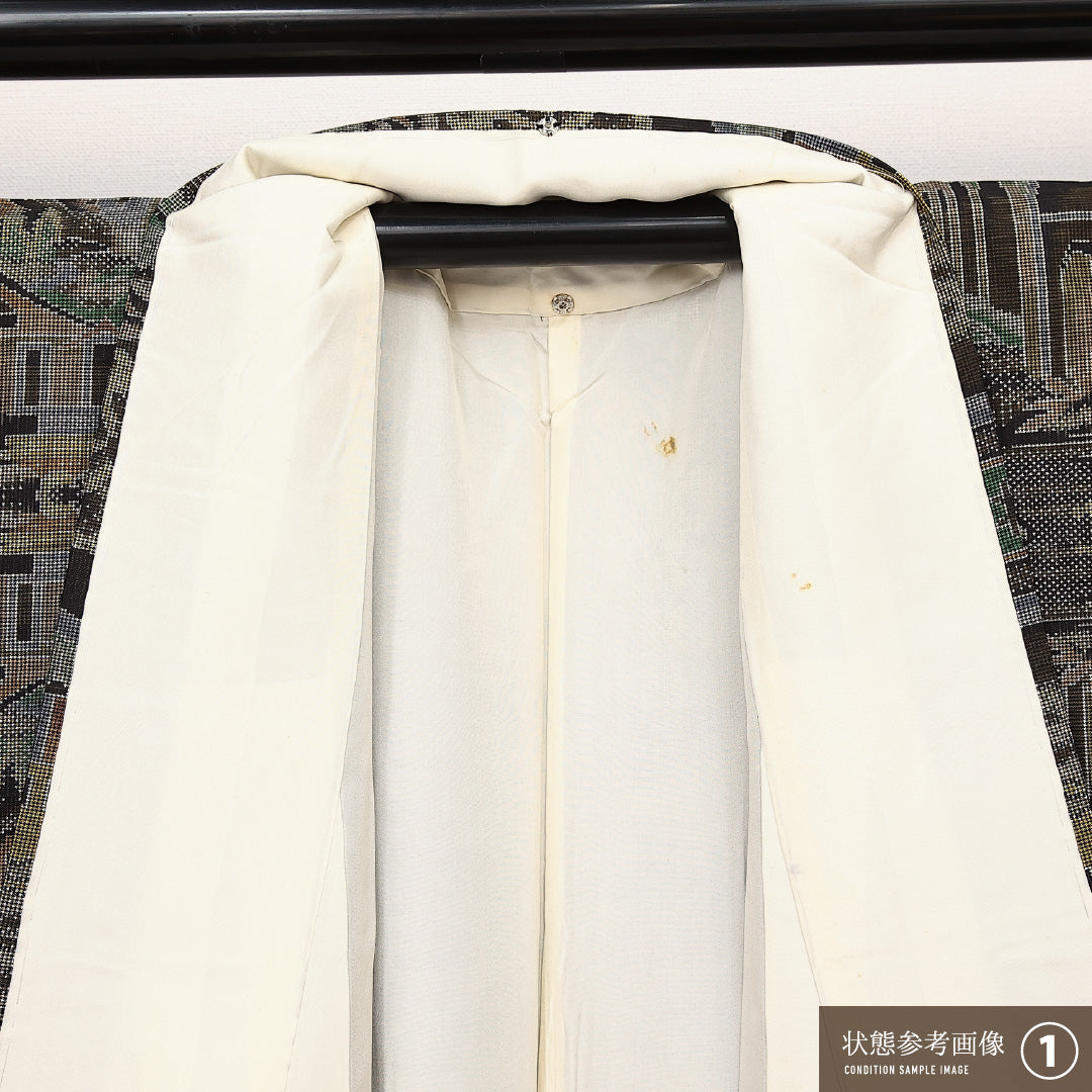 大島紬 袷 身丈154cm 裄丈62cm 正絹 Sランク インフォーマル 広衿 Sサイズ 経緯絣 風景柄 城 緑系 RP 1223-14081
