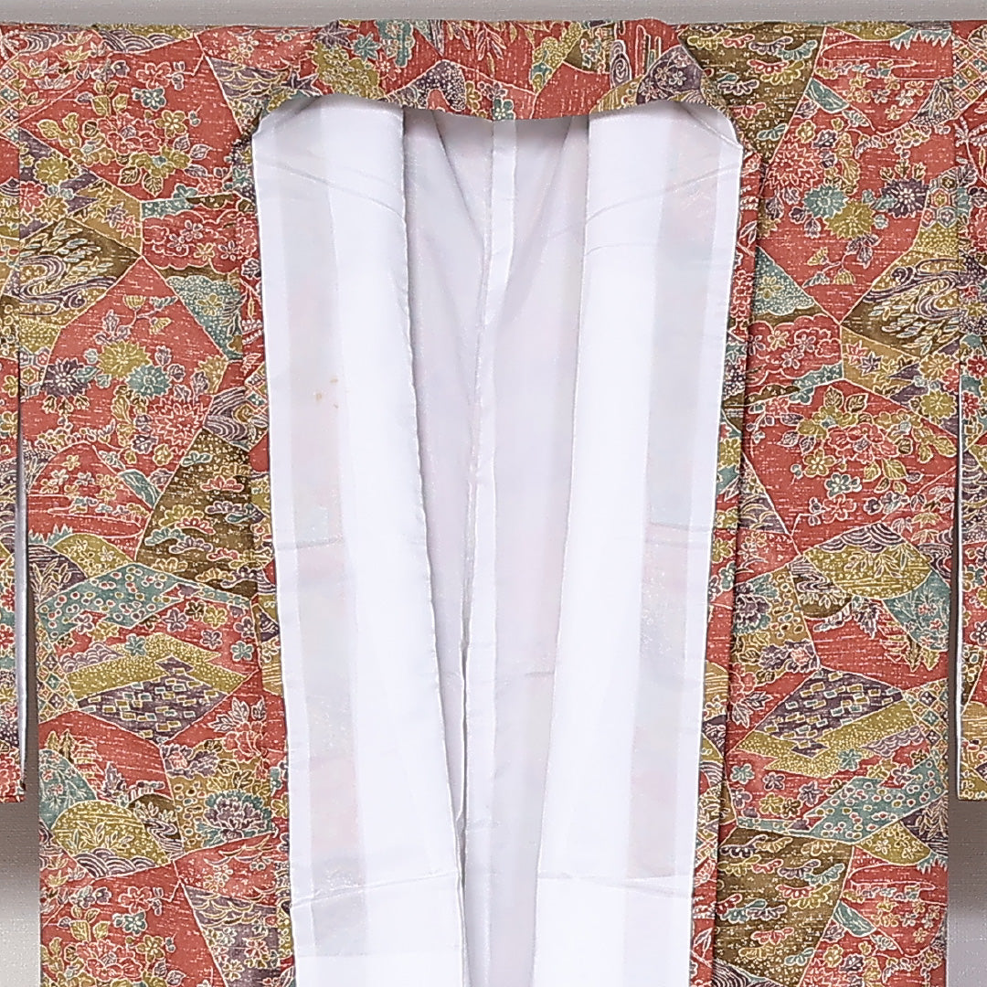 小紋 袷 身丈160cm 裄64cm 正絹 花柄 牡丹 松竹梅 赤系 Sランク 1215-02452